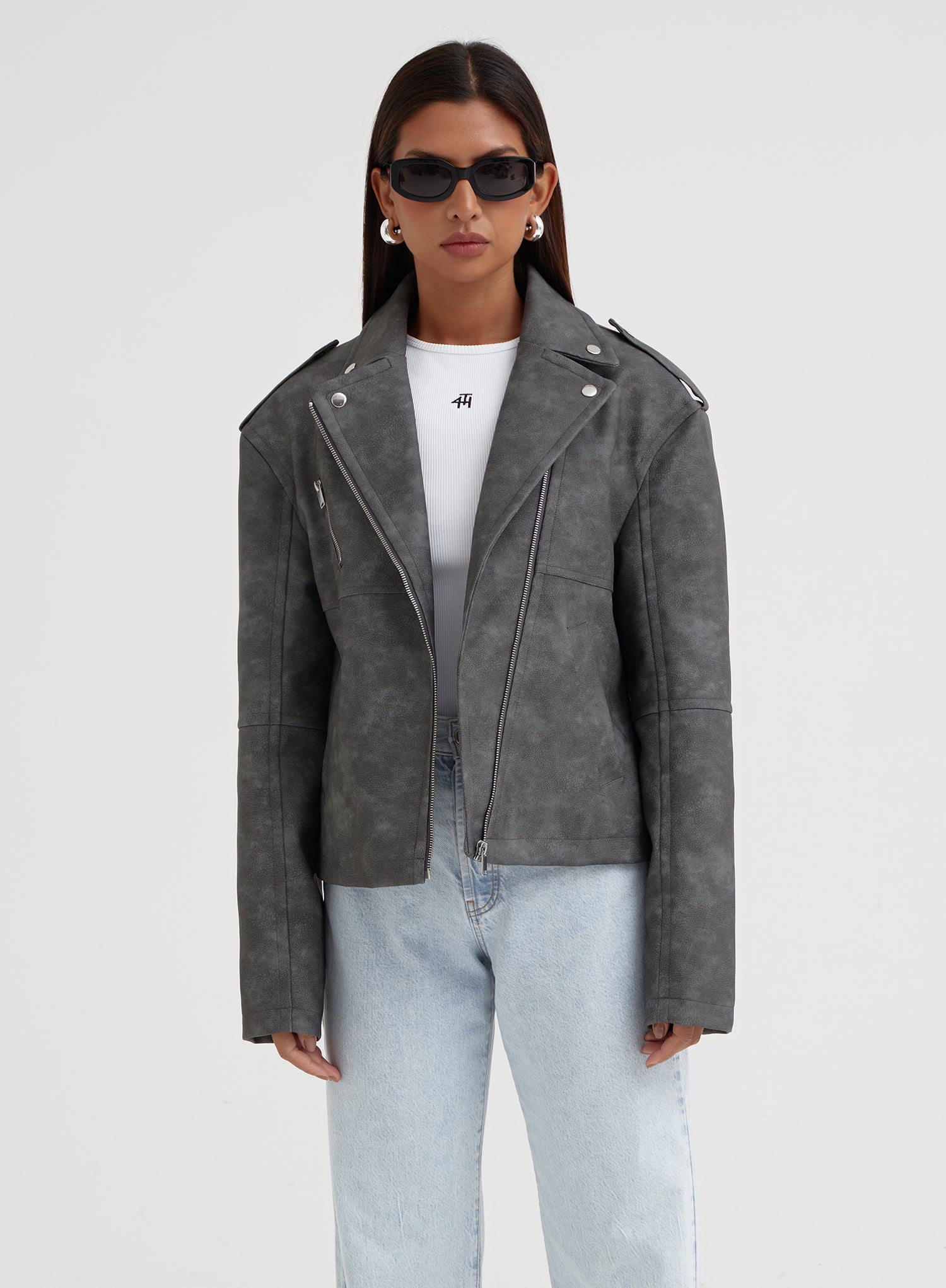 Grey Washed Faux Leather Biker Jacket
